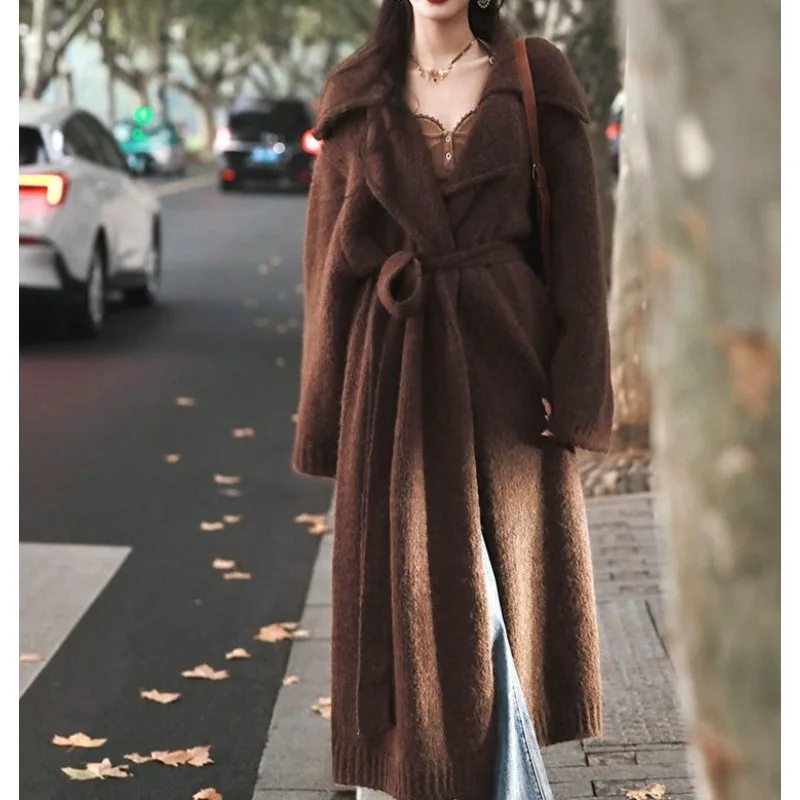 

Premium large lapel sweater cardigan jacket women's autumn and winter new medium and long lazy loose coat knitted sweater