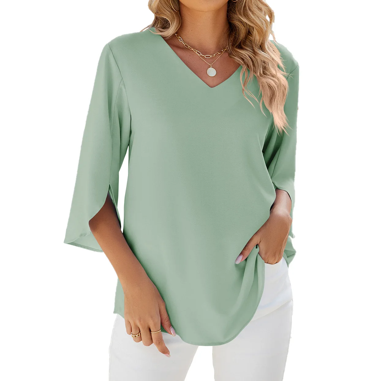 Top holgado de manga media con cuello en V para mujer, Color sólido, primavera y verano