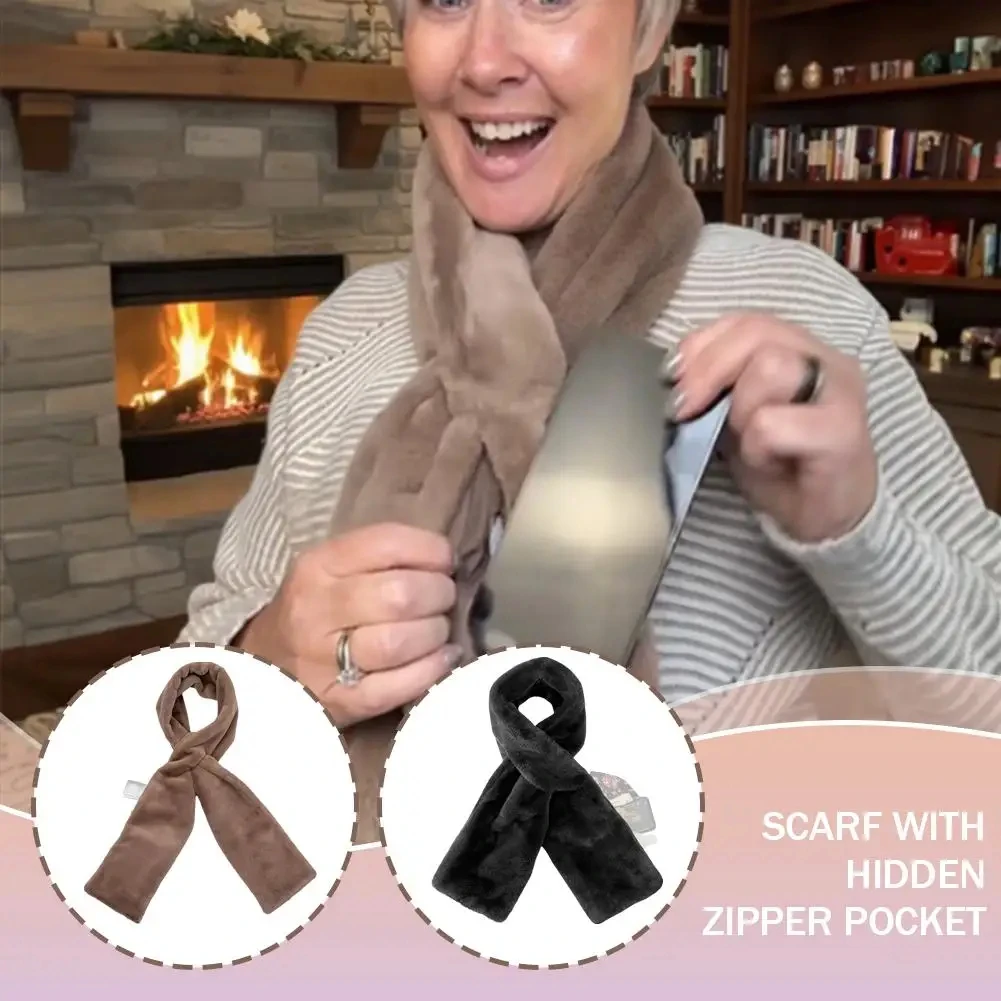 

Comfortable Winter Thickened Warm Scarf With Hidden Zipper Pocket Luxury Soft Thick Faux Fur Fabric Scarf Warm Supply Accessory