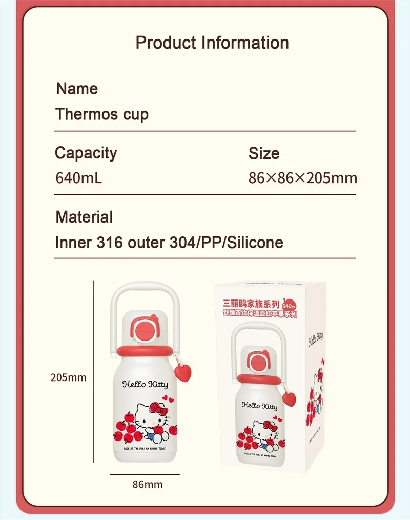 X&W Hello Kitty Theme Insulated Cup 316 Stainless Steel Girl Cute Straw Cups Portable Outdoor Travel Vaccum Flask Perfect Gift