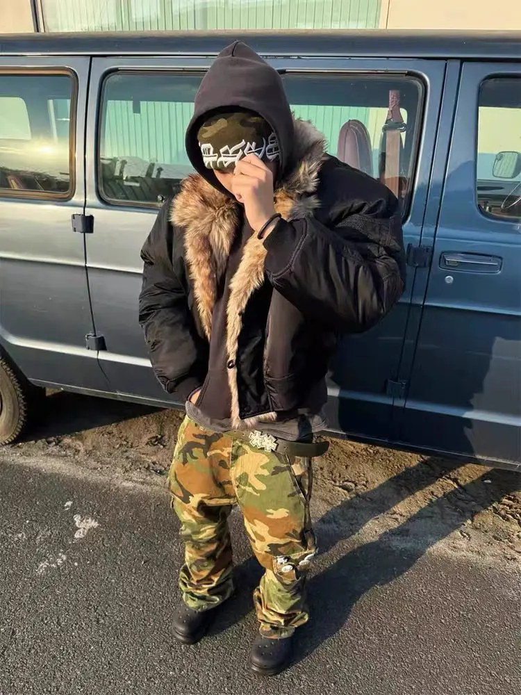 Heavy Protocol index fur collar mountain carving double-sided wear thickened cotton clothes design sense flight jacket