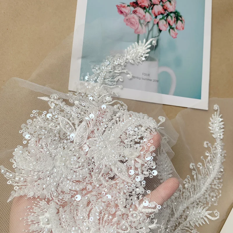 1Pc Sequins Embroidery Lace Appliques For Wedding Dresses Rhinestone Lace Applique Patches Embroidery Ropa 36*15CM