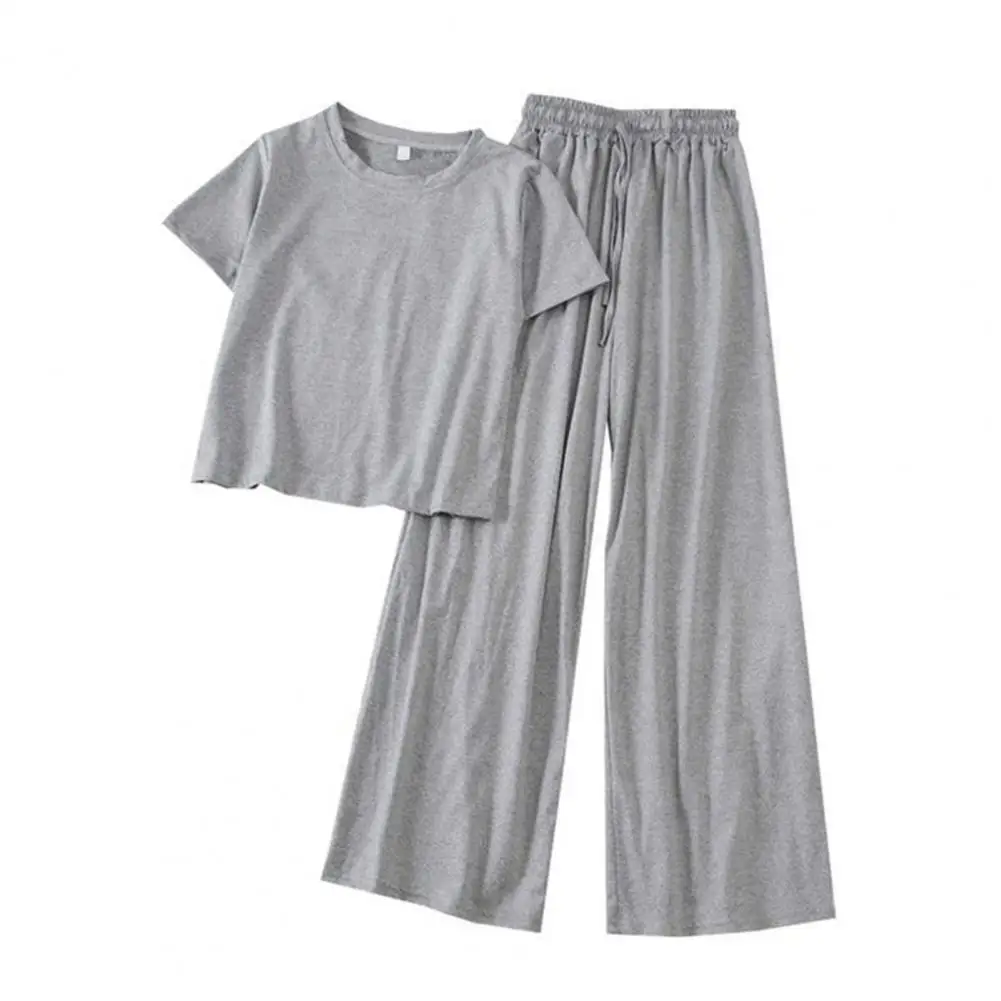 Trendy Lady Top Trousers Suit Deep Crotch Women T-shirt Pants Set Elastic Waist O Neck Lady Top Trousers Suit Homewear