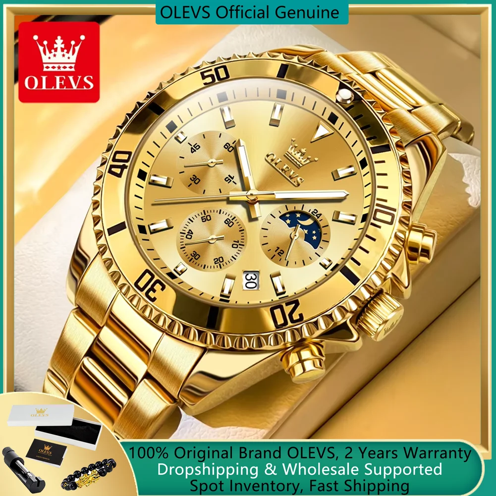 OLEVS-Montre à Quartz de Luxe pour Homme, Accessoire de dehors, Étanche, Phase de Lune, Marque de Luxe, en Acier Inoxydable, 2870