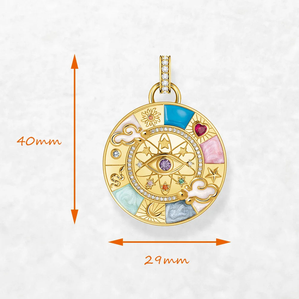 Pendant Wheel of Fortune Amulet Magical Lucky Symbols Golden Jewelry 925 Sterling Silver Women Men Vintage Gift