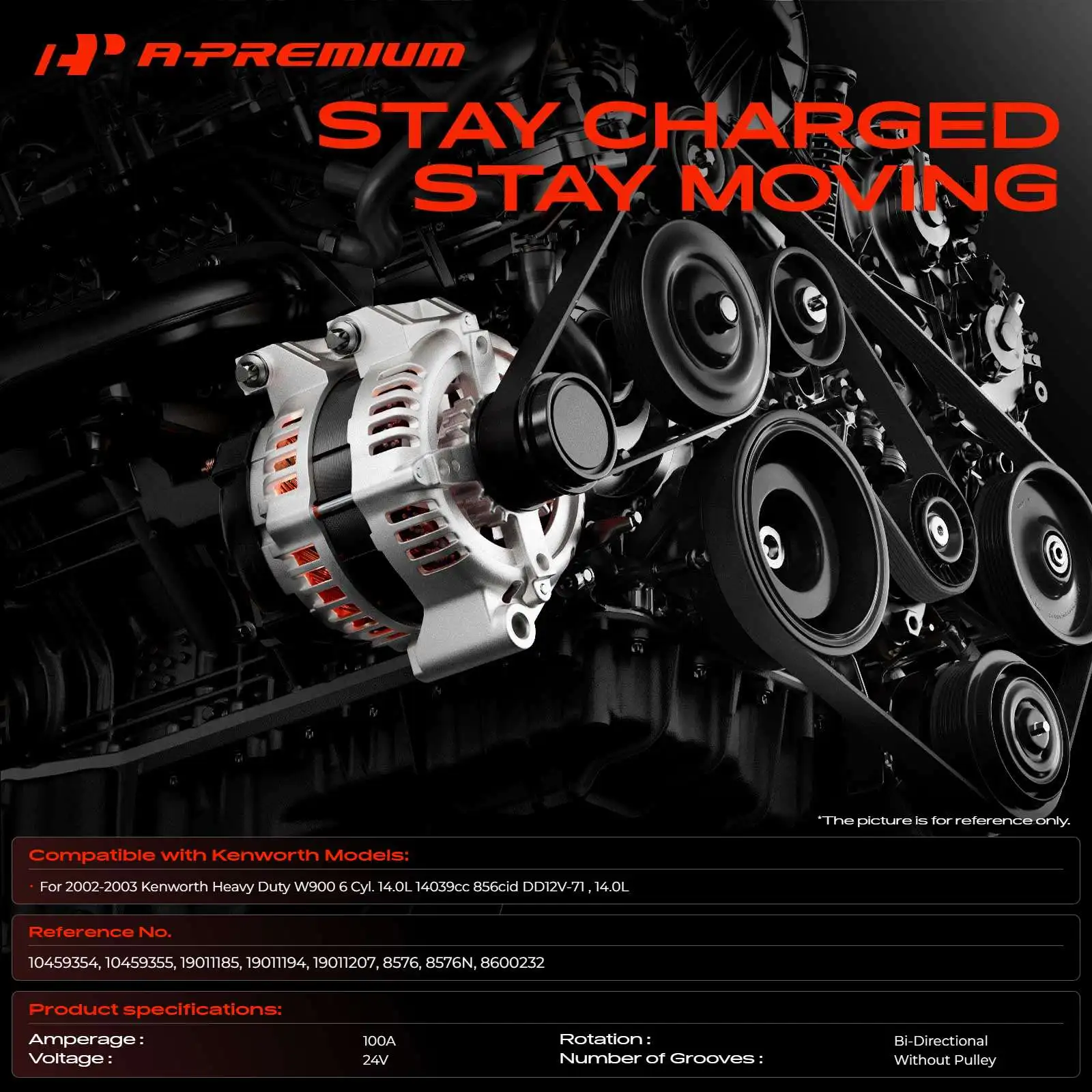 A-Premium Alternator for Kenworth Medium/Heavy Truck 2002-2003 100 Amp/24 Volt 19011185
