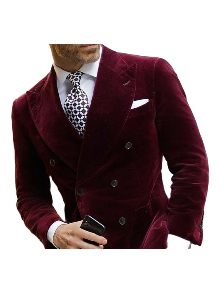 Burgundy Velvet Men Suits Jackets Male Smart Dress Blazer High Quality Slim Fit Double-breasted Suits Blazer One Coat S-6XL