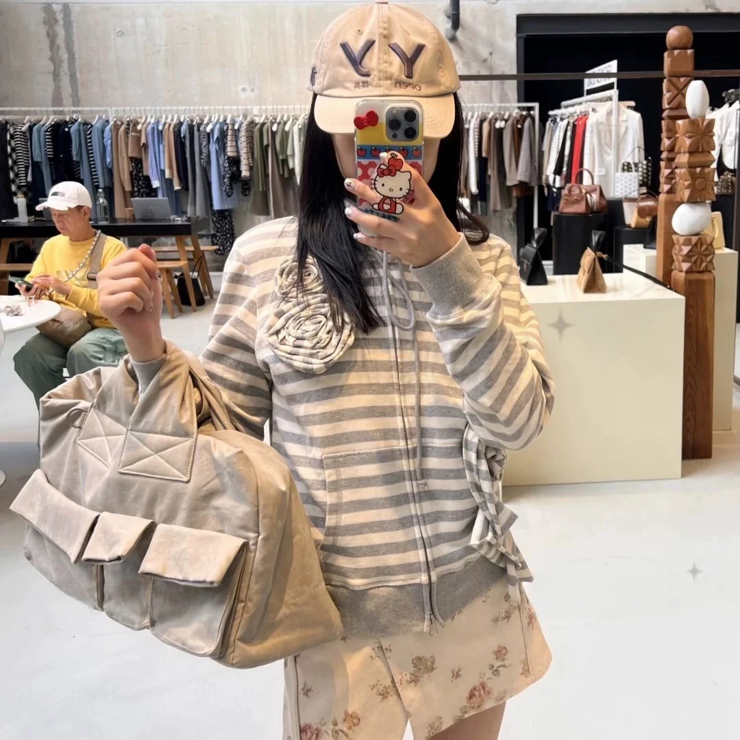 Openyy vroege lente nieuwe 3d Rose Flower Stripe kleur Blo dubbele rits sweatshirt ort Jaet casual katoenen damesjas