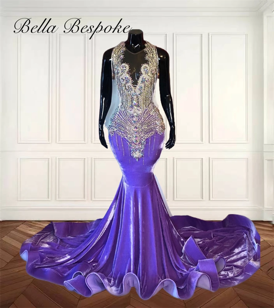 

Purple Velvet Tassel Long Prom Dresses Bead Crystal Rhinestone Black Girls Beauty Pageant Gowns Mermaid Formal Dress Customized