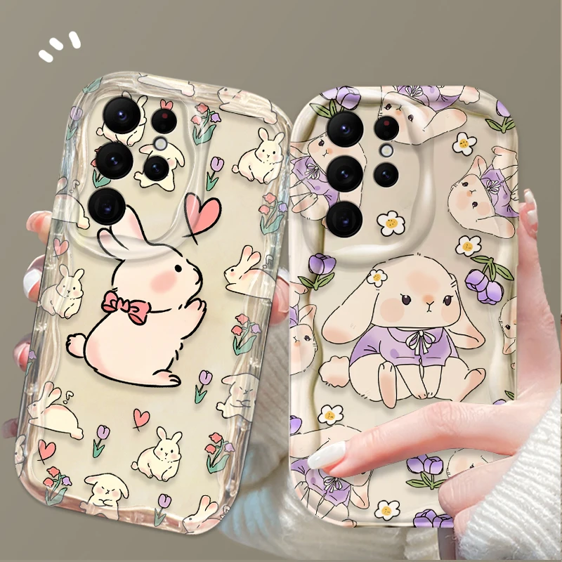 Cute Rabbit Flower Case For Samsung Galaxy S24 Ultra S23 S22 Plus S21 S20 FE A25 A55 A35 A15 A16 A05 A05S A06 Silicone Cover