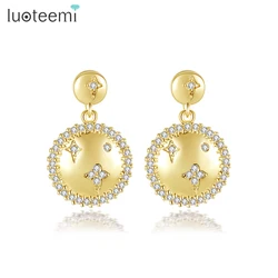 LUOTEEMI Delicate Cubic Zirconia Lab Pandent Gold Color Double Rould Pierced Earrings for Ladies Unique Classic Brithday Gifts