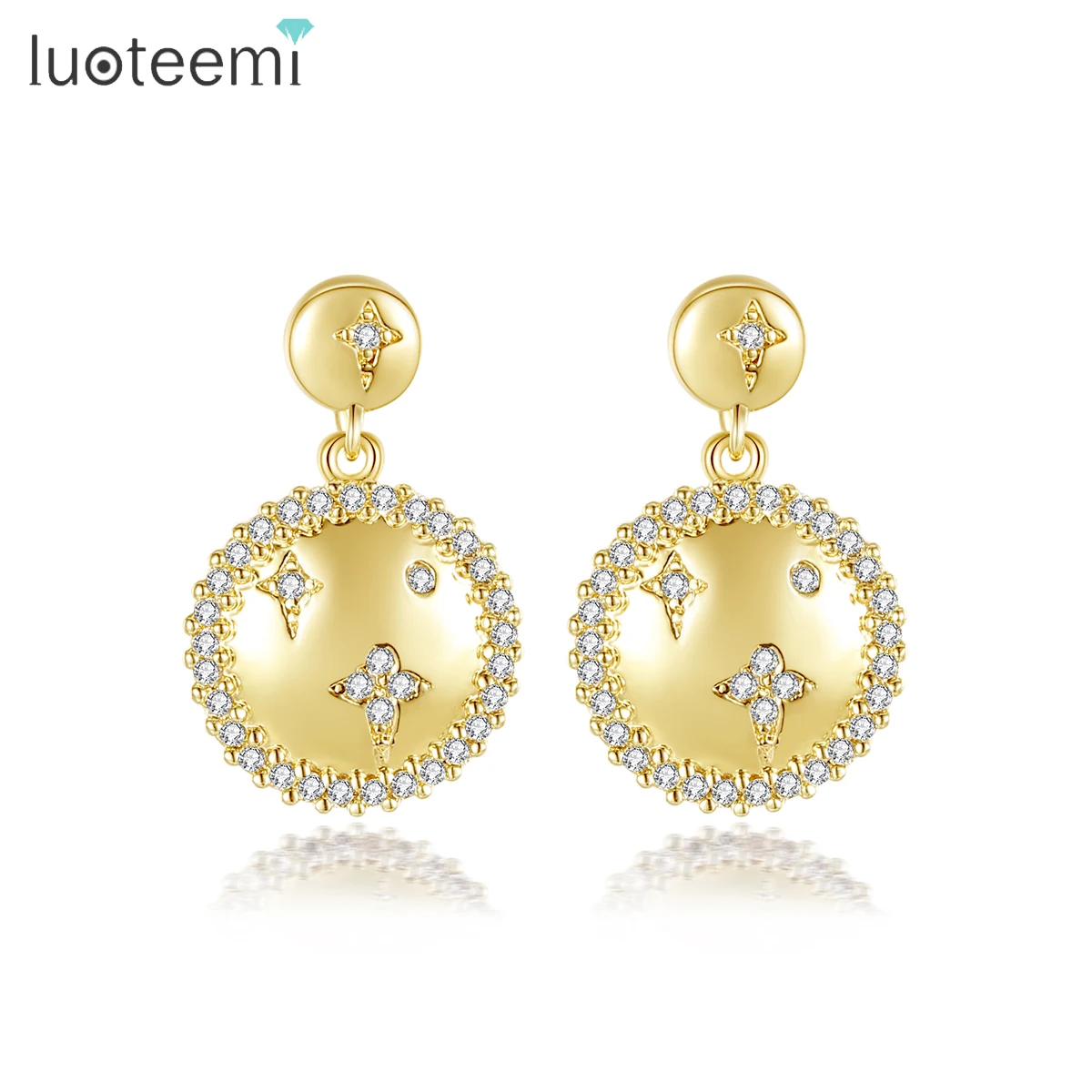 LUOTEEMI Delicate Cubic Zirconia Lab Pandent Gold Color Double Rould  Pierced Earrings for Ladies Unique Classic Brithday Gifts