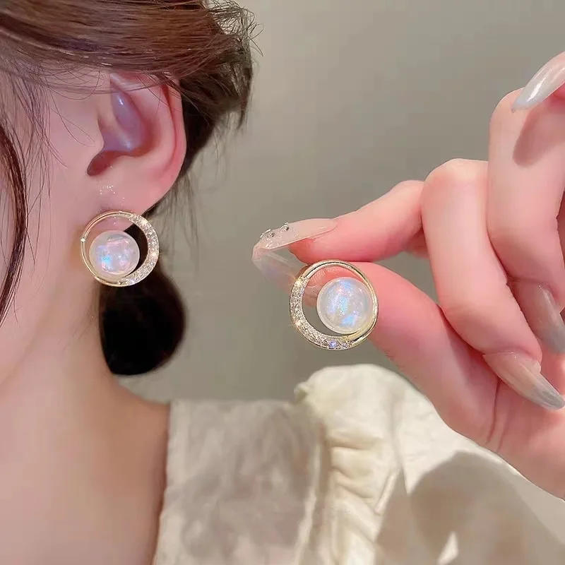 925 Silver Needle Korean Sweet Bright Pearl Earrings For Women Jewelry 2026 Trending New Fashion Crystal Circle Earrings O81