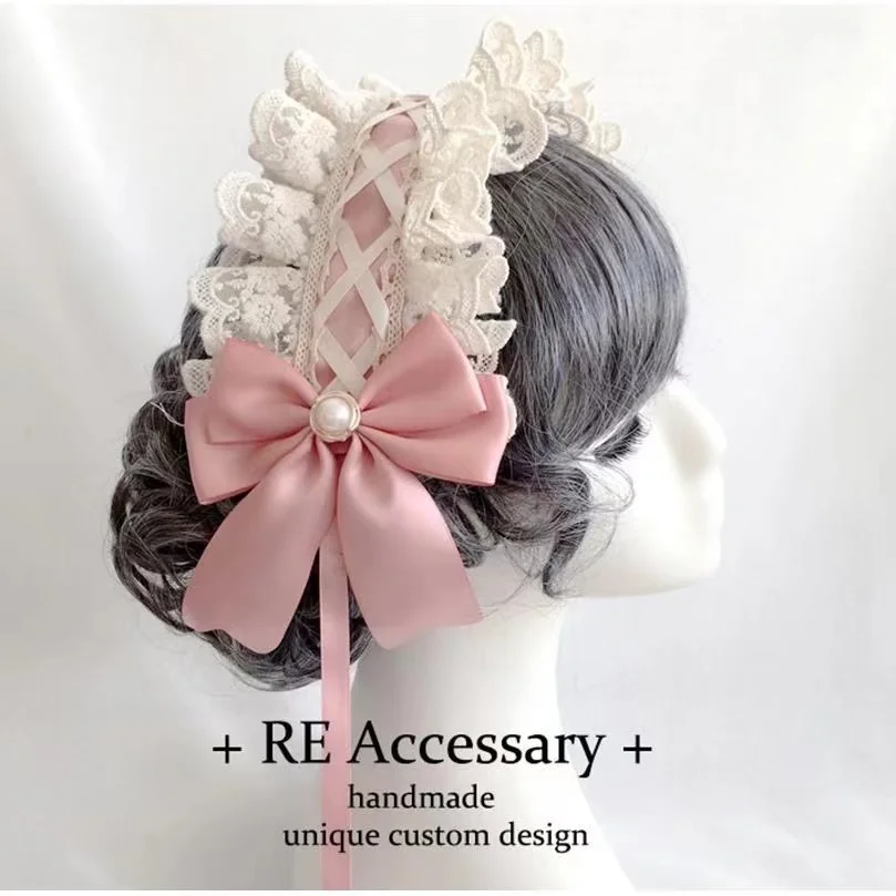 Ribbon Bow Hairband with Hairpins Girls Lolita Lace Ruffled Headband Sweet Star Embroidery Anime Maid Cosplay Headdress