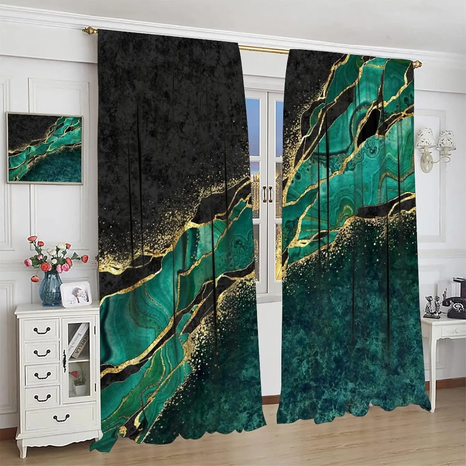Abstract Marble Curtains,Green Malachite and Golden Veins Living Blackout Window Curtains Room Dining Room Japanese Style Window