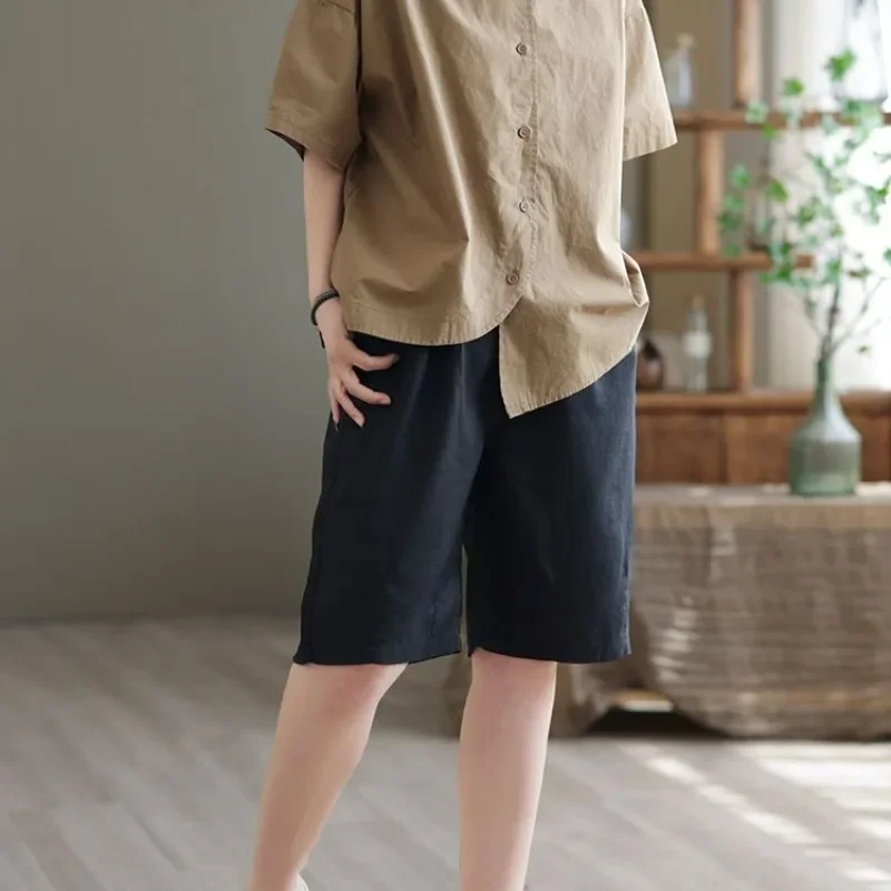 Summer Cotton Shorts High Waisted New Quarter Trousers Loose Versatile Casual Harem Women's Thin Elastic Waist Wide Leg Pants