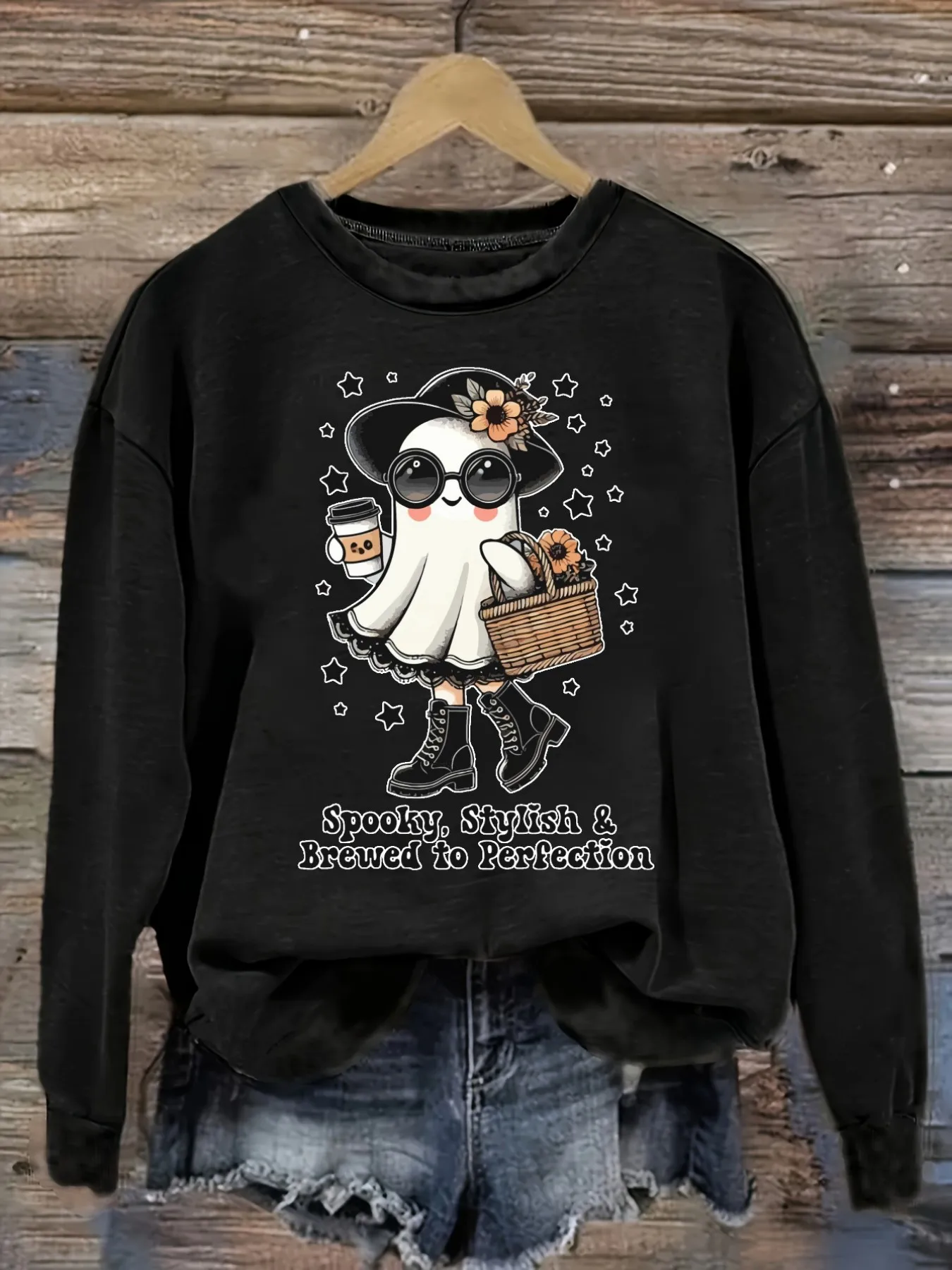 Women's Casual Long Sleeve Crew Neck T-Shirt Spooky Stylish Brewed Perfection Ghost Design, Round Neck Women's Clothing, Machine Washable, Slightly Elastic, Loose Fit, Spring Autumn Winter Women's T-Shirt, Halloween Costume Outfit