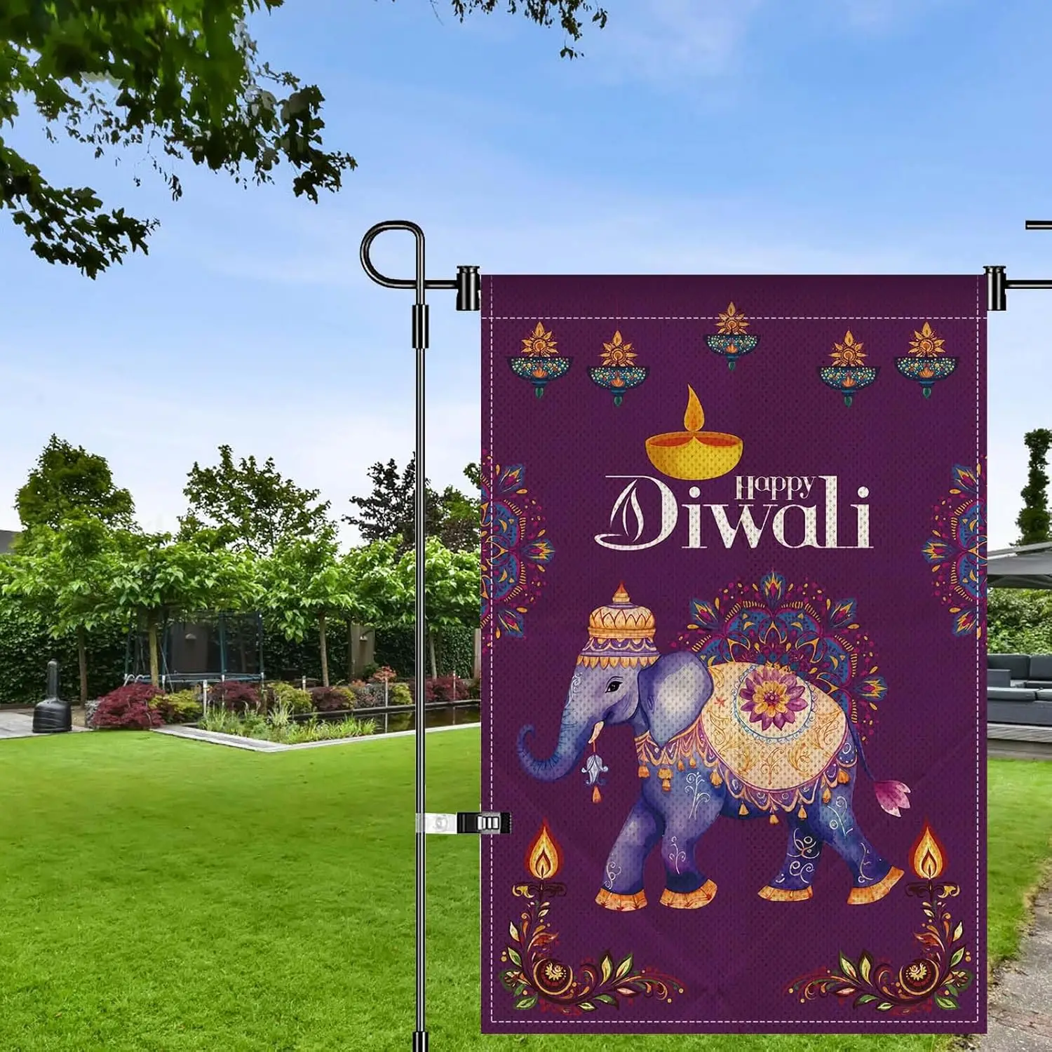 Happy Diwali Garden Flag Purple Decorative Elephant Design Lotus Flower Oil Lamp Banner for Indian Diwali Outdoor Garden Yard