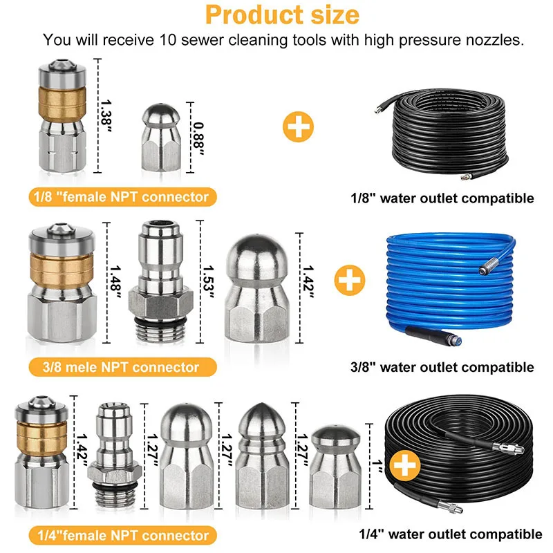 Sewer Jet Nozzle Kit for Pressure Washer 1/4'' 1/8'' 3/8'' Drain Cleaning Nozzle for Drain Jetting Hose Rotating Button Nose