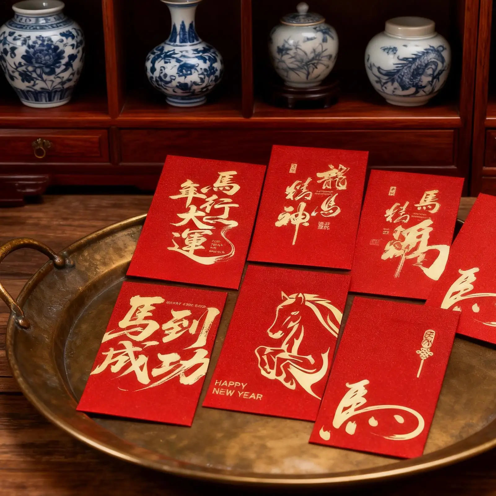 مظاريف حمراء للمال 6 قطع حزمة عملات على شكل حصان 2026 نمط سحابة ميمونة مغلفات حمراء للعام القمري الجديد للأولاد