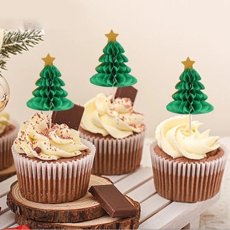 10Pcs Christmas Cake Topper Santa Claus Xmas Tree Cupcake Toppers For Christmas Dessert Decoration New Year Party 2024 Navidad