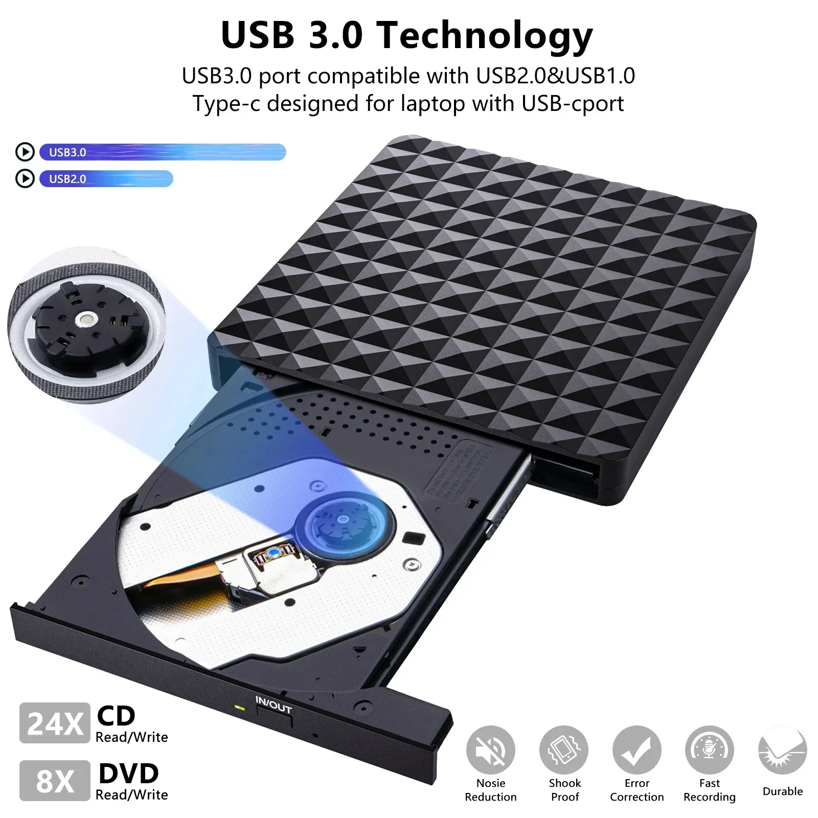 USB 3.0 & Type-C External DVD Burner Writer Recorder DVD RW Optical Drive for Mac/Linux Windows 11/10/8/7 Laptop PC Disk Reader