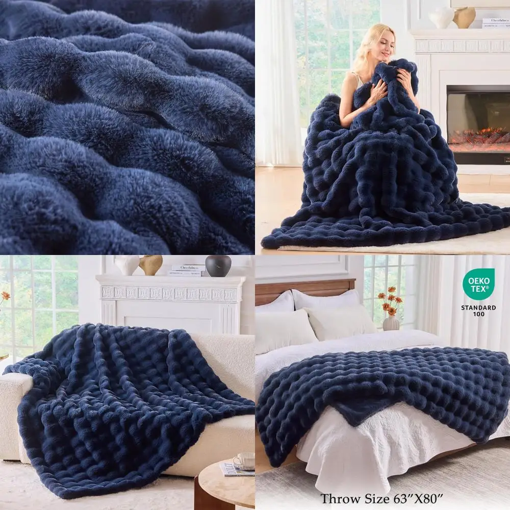 

Luxurious Navy Blue Plush Faux Fur Blanket, 63 x 80, 1100 GSM, Cozy Minky Bubble Throw for Living Room & Women's Gifts