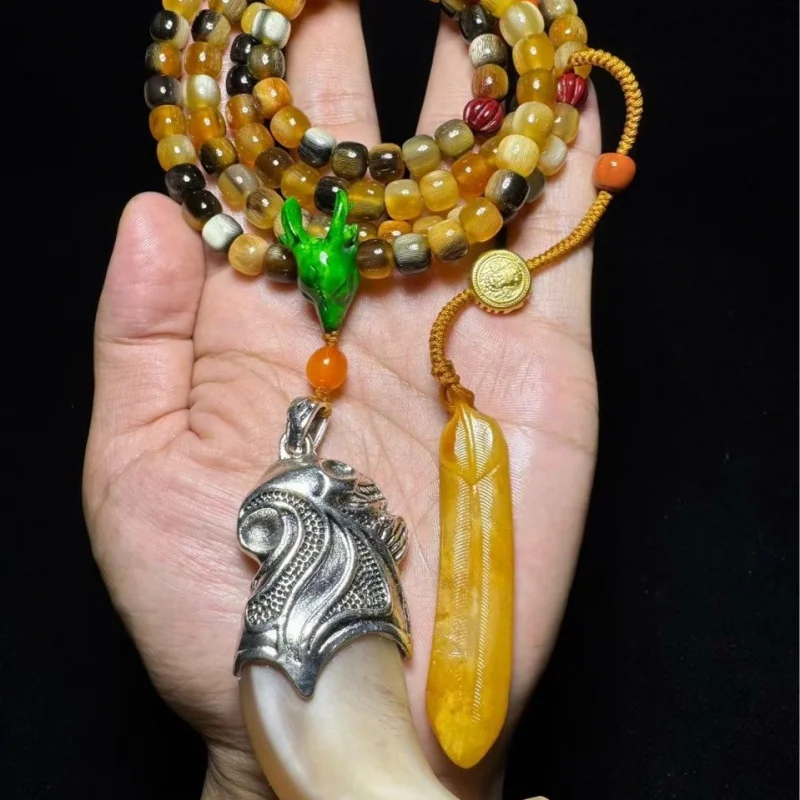 Natural flower donkey hoof multi-loop bracelet with horn hook, Buddhist prayer beads, pendant, hand-held ornament