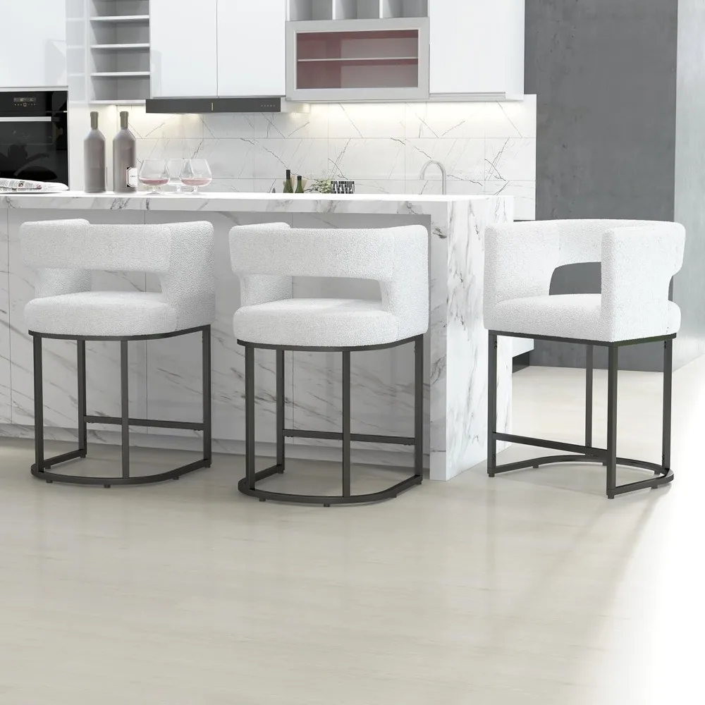 طقم مقاعد بارتفاع عداد مكون من 3 قطع، 26 مقاعد بارتفاع شيربا منجدة مع مسند للقدمين، إطار معدني أسود منحني #1