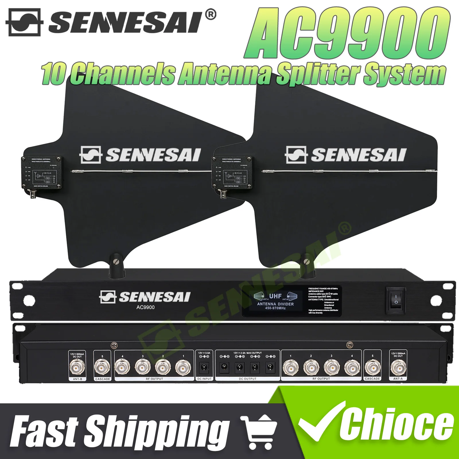 SENNESAI AC9900 Antenna Distributor System 460-970MHz RF Signal Booster Directional Coaxial Cables 10 Channels For Wireless Mic