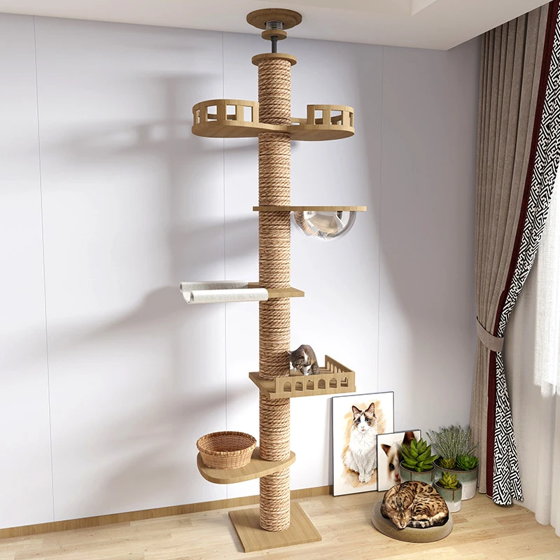 Wood Floor-to-ceiling Cat Climbing Frame Space Capsule Jumping Platform Cat Tree Condo Furniture Scratch Post Pet House