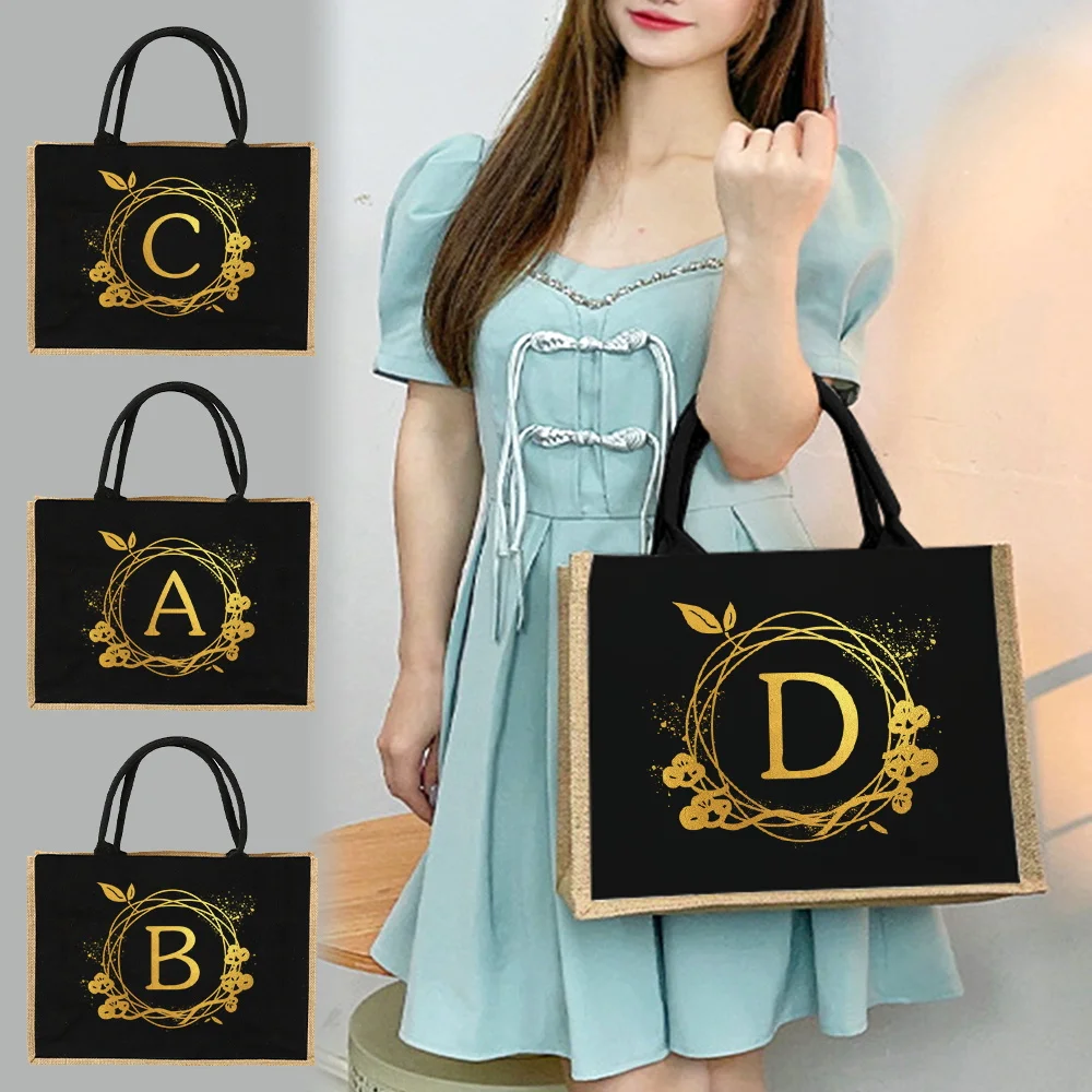 Jute Handbag Shoulder Sacks Jute Imitation Sacks Linen Bags Women Shopping Pouch Designer Laminated Bag Gold Letters and Wreaths