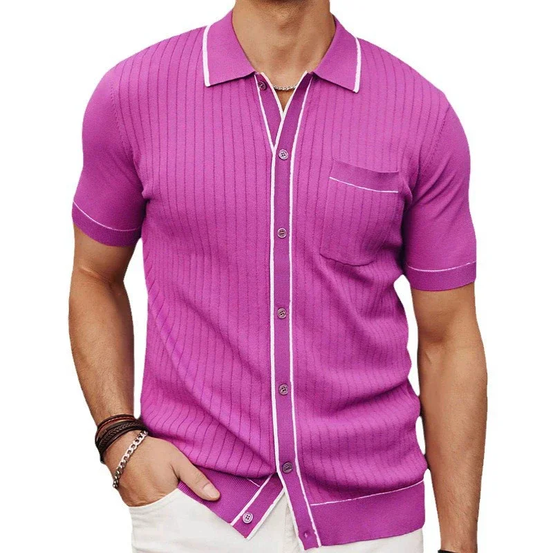 Cárdigan De lujo De punto para Hombre, Polo De manga corta para caballero, Camisas De Hombre De gran tamaño con bolsillo elástico De viscosa De calidad De verano