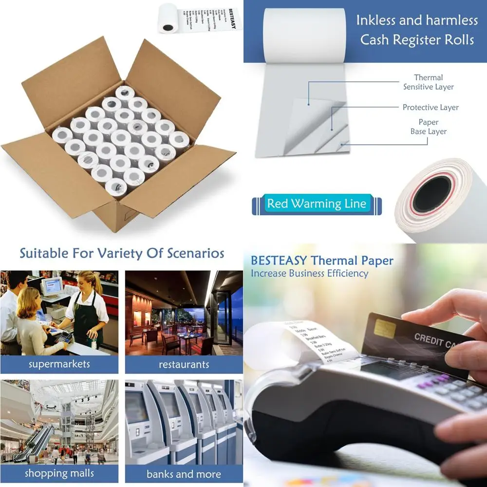 لفات ورق الإيصالات الحرارية، 2.25 بوصة × 50 بوصة، لتسجيل النقود وأنظمة نقاط البيع