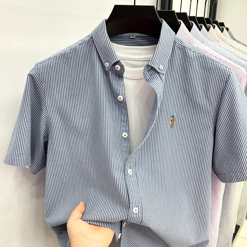100% Cotton Striped Shirt Short Sleeved T-shirt Casual Fashion Young Summer Pure Cotton Real Pocket Shirt Cardigan T-shirt