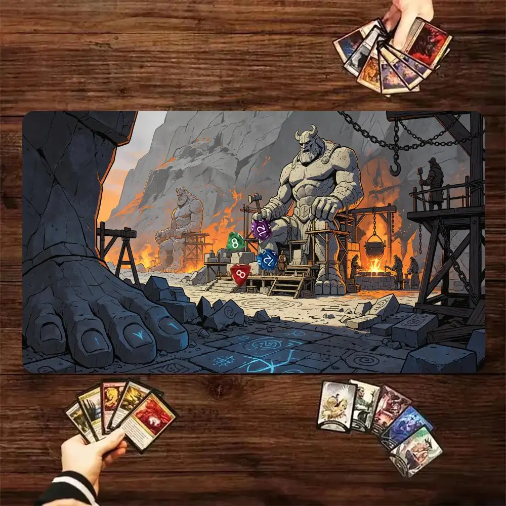 Ancient Giant Statue Forging Dwarven Forge TCG Play mat Volcano Scene Trading Card Game Desk Mat Non‑Slip Rubber Mouse Pad