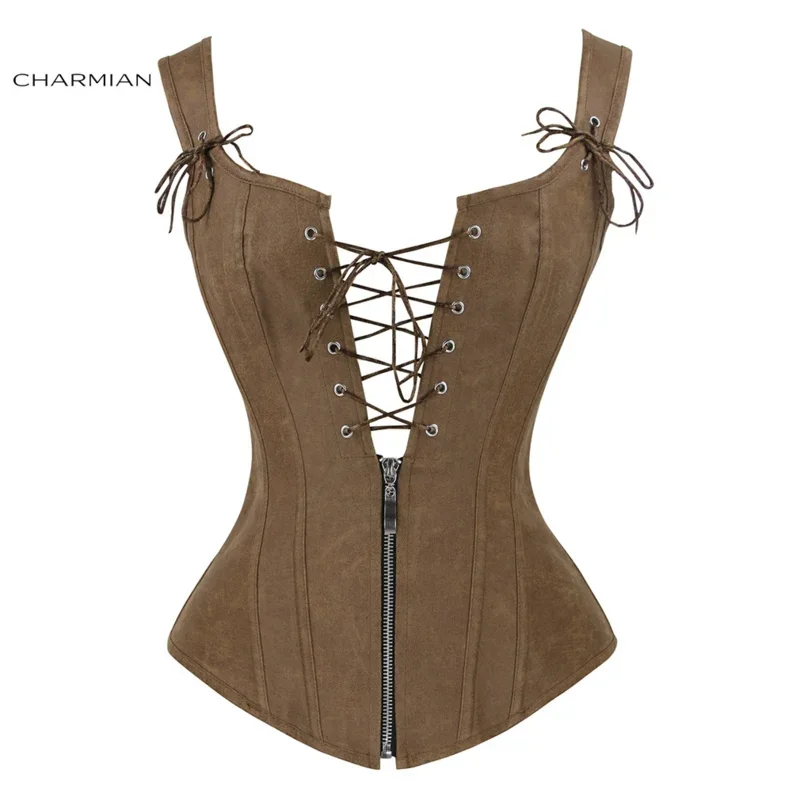 Charmian women Renaissance corset sexy vintage plus size leather zipper brown corset bustier top with garters steampunk clothing