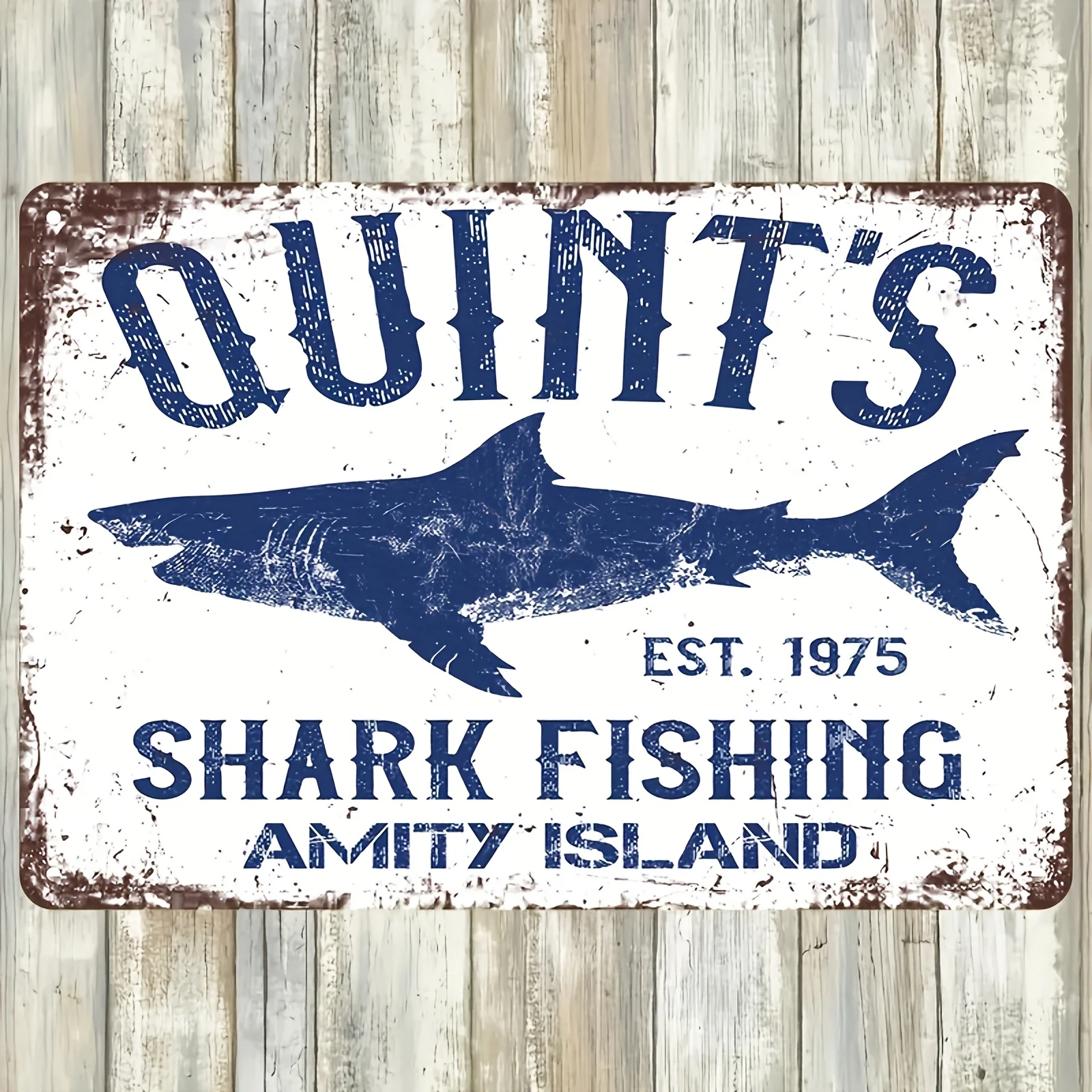 Tin Sign - Quint's Shark Fishing Amity Island Retro Metal Wall Art, Weatherproof   Rustic Decor with Pre-Drilled Holes for Hom