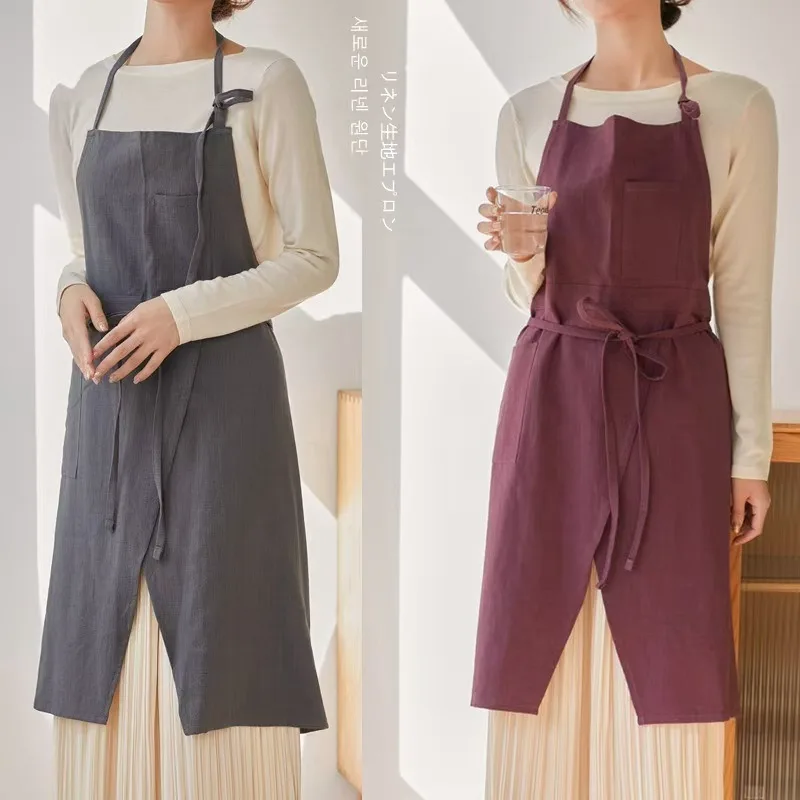 

Фартук с логотипом на заказ, дышащая льняная спецодежда для выпечки, унисекс, фартук с разрезом спереди, вышивка на заказ, кафе, пекарня