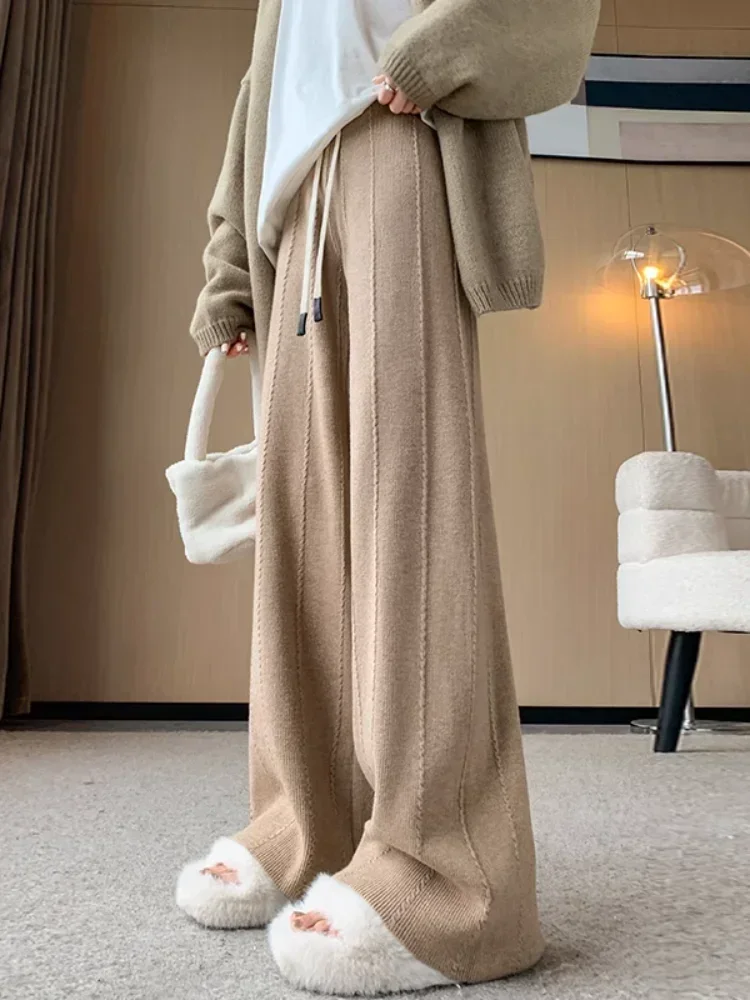 High Waisted Warm Cashmere Trousers Women Casual Soft Comfort Knitted Pants 2024 Autumn and Winter New White Pants for Women