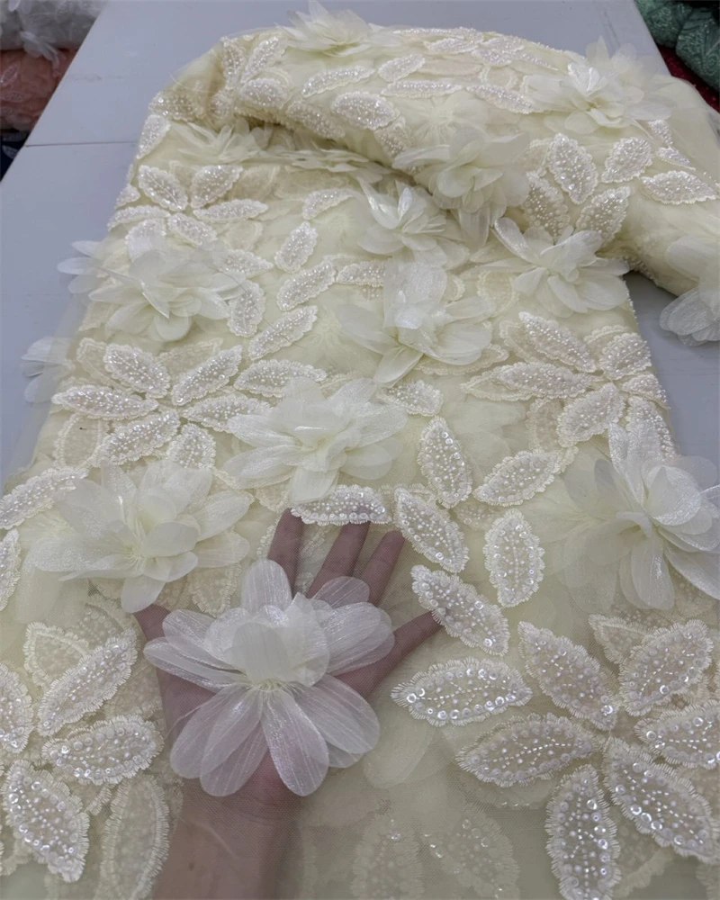 

3D Flower Lace Fabric, French Embroidery with Pearls, Tulle African Fabric, Wedding Party Dress Sewing, High Quality