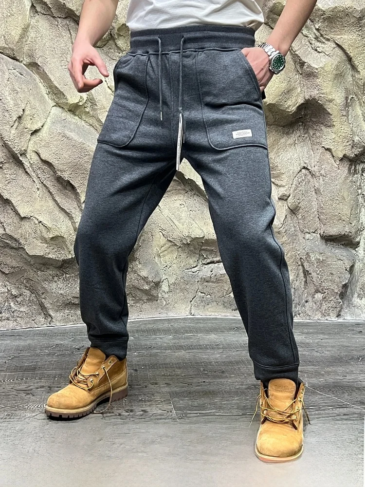 

Утепленные мужские повседневные брюки из трикотажной ткани с флисовой подкладкой, не сползающие, на осень-зиму, базовые, универсальные, с завязками