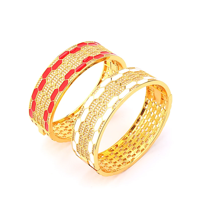 Luxury Fashion Cuff Bangle Charm Hollow Out Snake Bracelet Brass Red Gold Silver Color Czech Full Cubic Zircon Women Jewelry