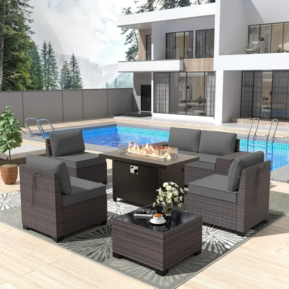 7 Piece Patio Furniture Set with Fire Pit Table,Modern Outdoor Sectional Sofa w/45in 55000 BTU Aluminium Propane Fire Pit