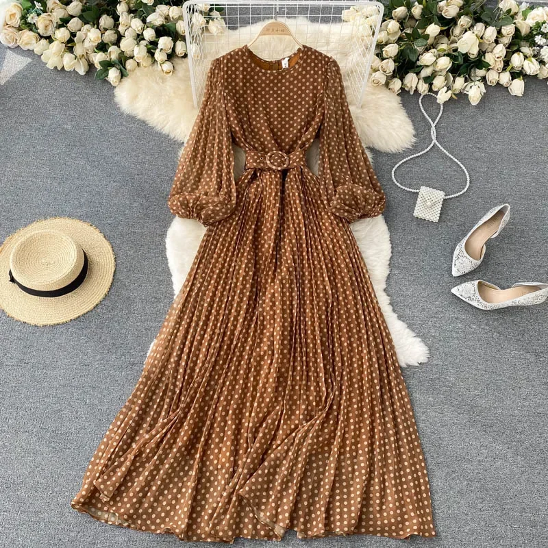 Elegant Polka Dot Long Dress Women Vintage Round Neck Puff Sleeve A-Line Maxi Vestidos Female 2025 New Autumn Slim Waist Dresses