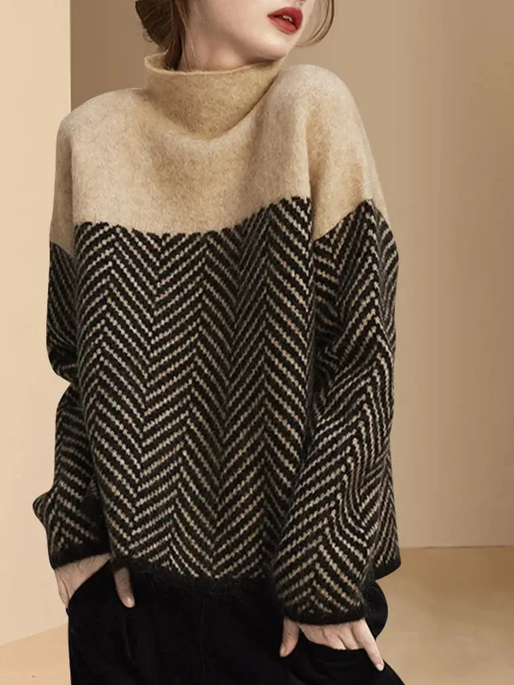 French Style Loose Fit Thickened Knitted Sweater High Collar Overhead Stripe Lazy Style Women's Fashion Winter Long Sleeve
