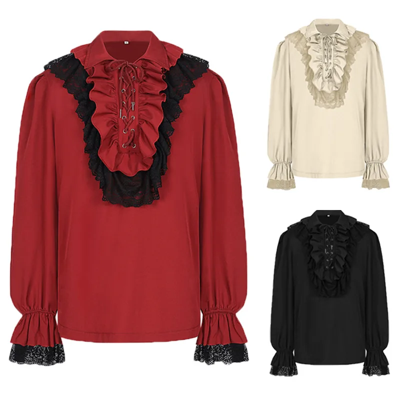 Vintage Cuff Collar Ruffled Drawstring Long Sleeve Shirt European American Court Blouse