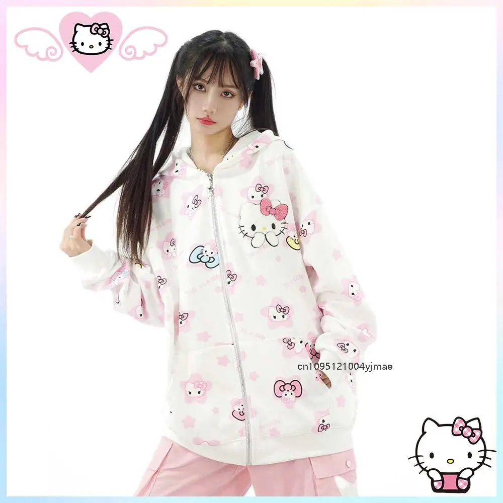 Hello Kitty женское флокированное пальто с вышивкой аниме мультфильм новая весенняя корейская версия свободная белая толстовка на молнии с капюшоном одежда