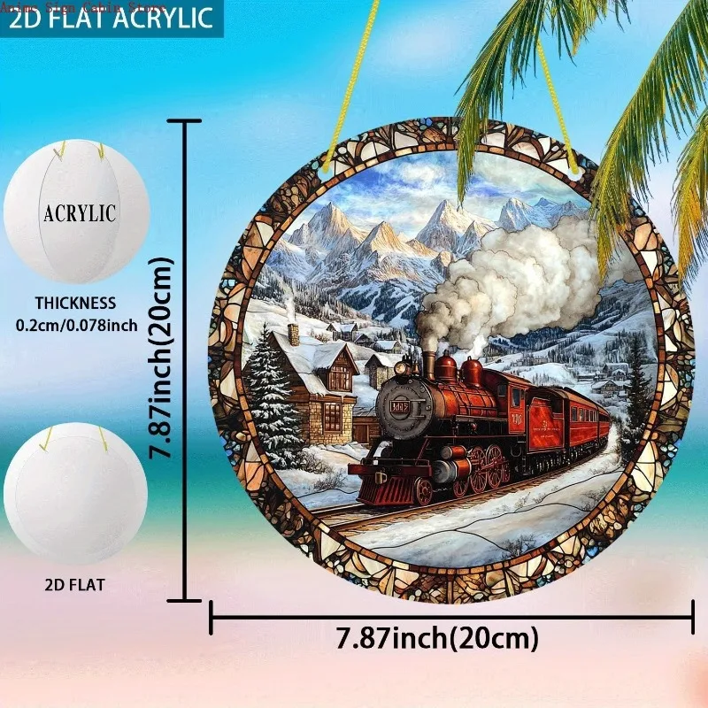 2D Flat, 1pc Sun Catcher Round Acrylic Sign Suitable for Living Room,Scenic Snowy Mountain Wall Decor,Style Train Sign,