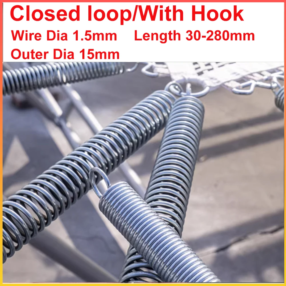 1pcs Wire Diameter 1.5mm Galvanized Tension Spring Closed loop/With Hook Outer Dia 15mm Extension Spring Length 40-280mm